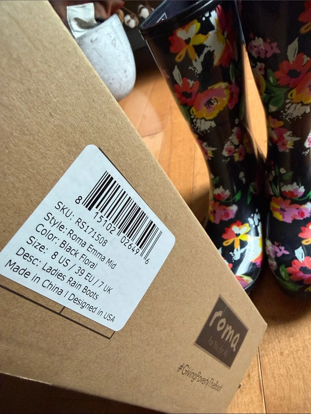 Roma Black Floral Women's Rain Boots